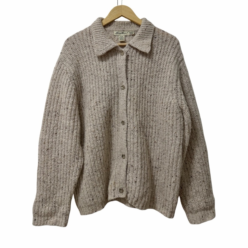 VTG Eddie Bauer Womens Chunky Button Up Wool Cardigan Size XL Cottage UK Made